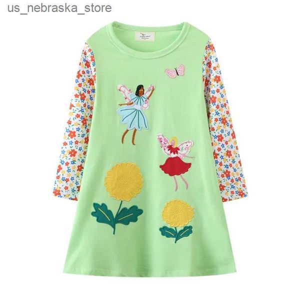 Платья для девочек прыгающие счетчики 2-12t горячие продажи принцессы женские сказочные вышивки осень весенняя детская одежда с длинными рукавами Q240418