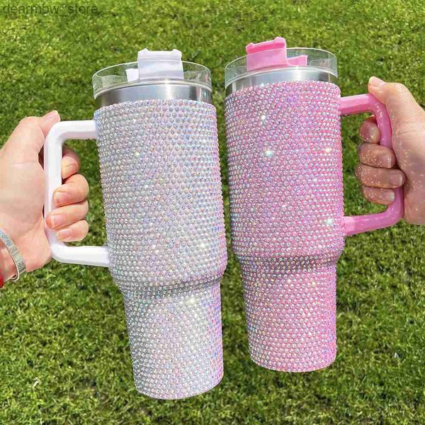 Water Bottle USA Warehouse Pronto para enviar xícara de acampamento ao ar livre Rhinestone 40oz Tumbb com tampa de mão e palha Doub Wall Stainss