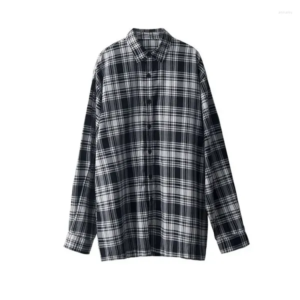 Frauenblusen Frauen Bluse Retro Baggy Mantel Langarmed Plaidhemd Schwarz weiß Blusas Ropa de Mujer