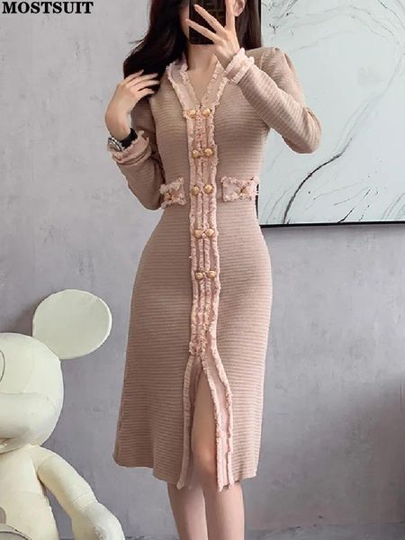 Lässige Kleider 2024 Frühling elegant schlank gestrickte Langkleidung Frauen Ärmeln V-Neck Doppelbasteln Vintage Stylish Split Vestido Mujer