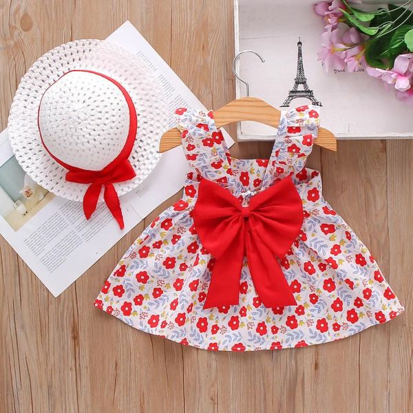 Vestidos de menina vestido de verão Fragmentado Flor Big Busp Strap Princess Baby Algodão Salia Anduladora de 0 a 3 anos de idade Chapéu de presente