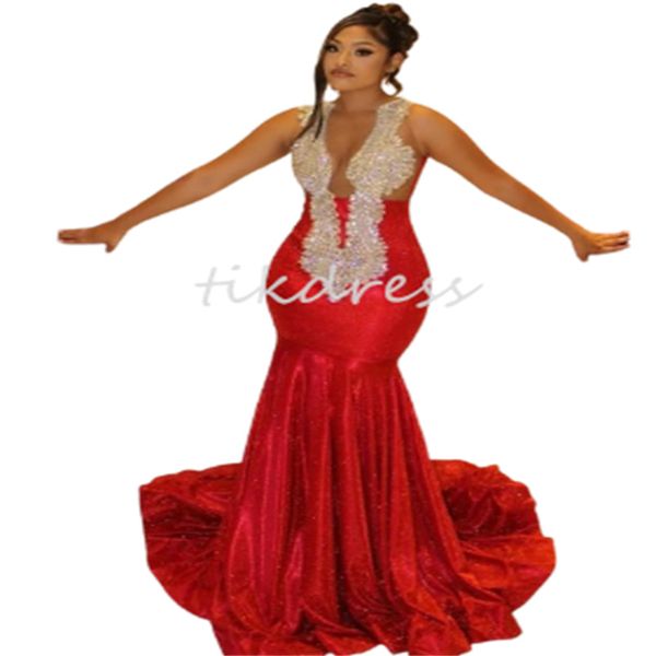 Black Girl Red Plus Size Prom Kleider mit Strass Aso Ebi Meerjungfrau Abendkleider 2024 Afrikanische Verlobungsempfang Party Vestidos de Noche Sechzehn Geburtstag