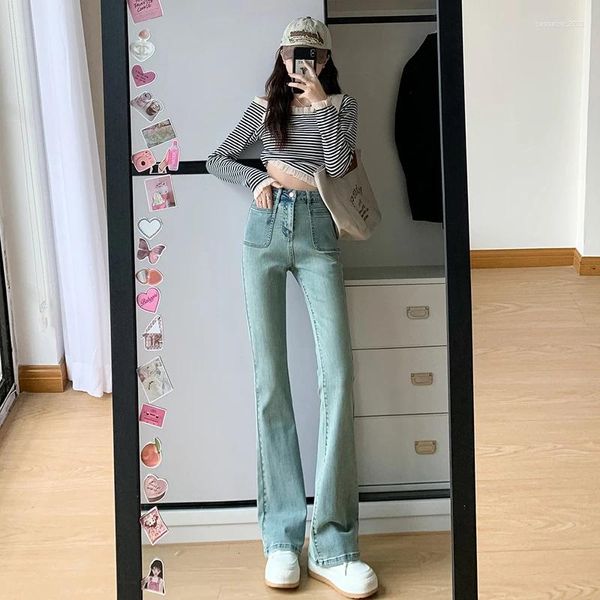 Jeans femininos Mulheres 2024 Baby Blue Summer High Street Pants Elastic Slim Pocket Elements Micro Horn Wide Pet Casual