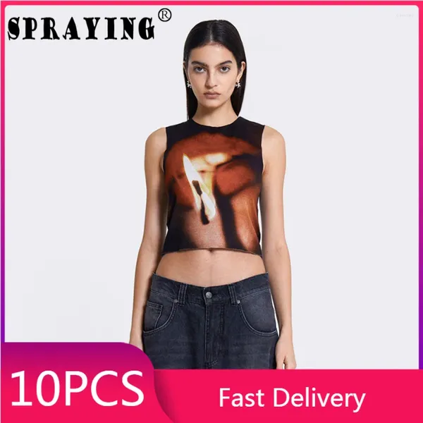 Tanques femininos 10pcs y2k top mulher verão 2024 Camiseta casual itens de pescoço O-pescoço lotes de atacado impressão sexy tops s13449