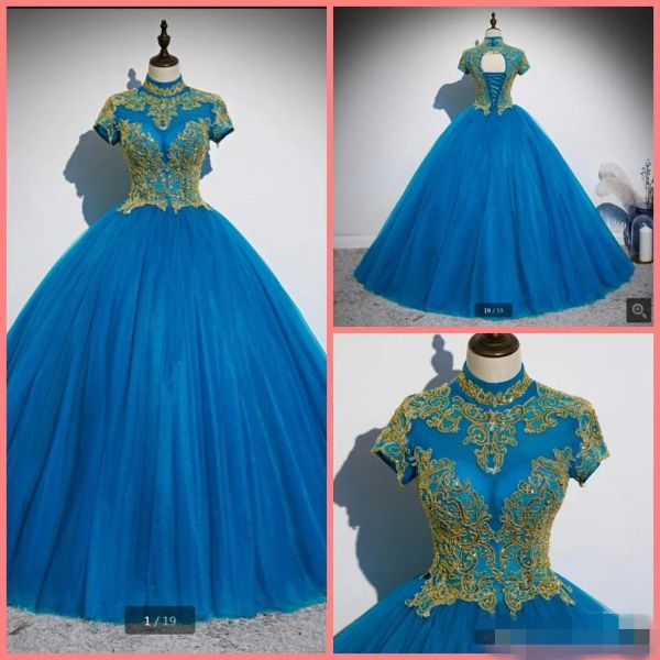 Mavi quinceanera elbiseler yüksek boyun altın dantel aplike tül kısa kollu taban uzunluğu özel yapım tatlı 16 doğum günü partisi balo balo elbisesi
