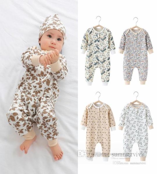 2022 Autumn Baby Butterfly Folhas de macacão impressas Crianças de manga longa Macacões de mangas compridas Hat 2pcs Conjuntos de fraldas de algodão infantis recém -nascidos