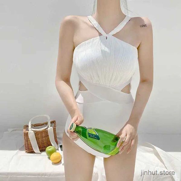 MEDIA DE MUNDA FUNHOR 2023 Sexy Cut Out One Piece Swimsuit Women Solid White Swimwear