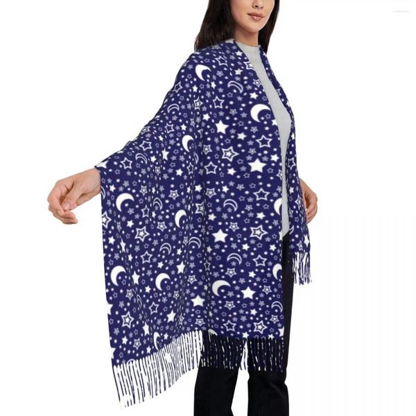 Шарфы ночное небо шарф луна и звезды печатать теплые шаль, обертывания с длинной кисточкой для дам