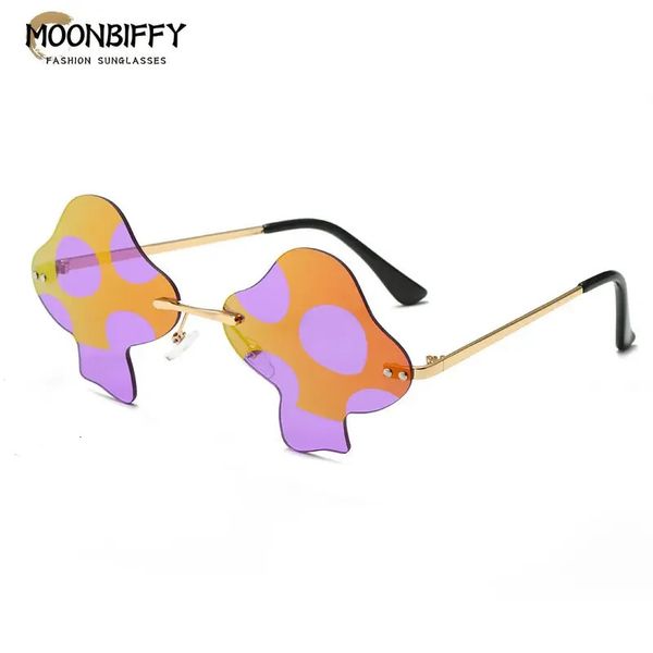 O occhiali da sole senza bordo di funghi Fashion Fanhip Funny Party Glasses Concave Shape Street Shoot Men Women 240408