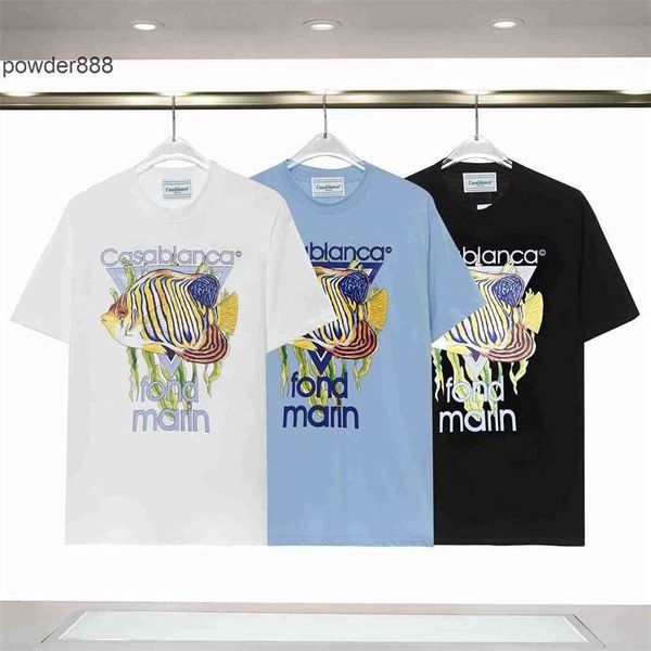 Verão nova marca de nicho da moda Casablanca Ocean Fish Print Round Pesh Camiseta solta de mangas curtas para homens