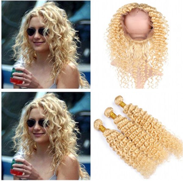 613 Blonde Jungfrau Brazilian Deep Wave Human Hair Bündel mit vollen Frontalen Golden Blonde 360 Spitze Frontalverschluss 225x4x2 mit 6578202