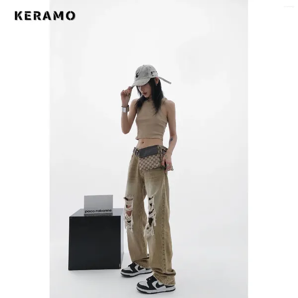Jeans feminino 2024 verão harajuku marrom claro vintage y2k calça solta estilo streetwear perna larga calçada rasgada de jeans de jeans