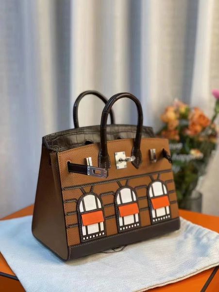 Designer Handbag Luxury Tote House faubourg 20 25 cm Crocodile importato con filo d'api francese in pelle Epsom Abeeswax completamente hardware oro a mano.