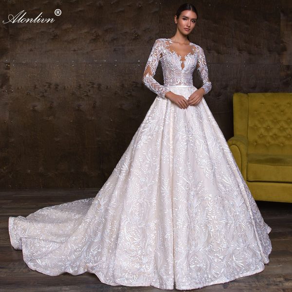 Appliques attaccanti in pizzo Sheer tulle a maniche piene abiti da sposa a-line delicati stampe floreali abiti da sposa adronato con senza schienale