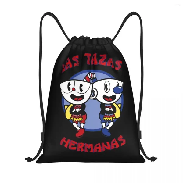 Einkaufstaschen Custom Las Tazas Hermanas Cuphead Draw String Frauen Männer Leichtes Cartoon Game Sports -Fitnessstraße Aufbewahrung Rucksack