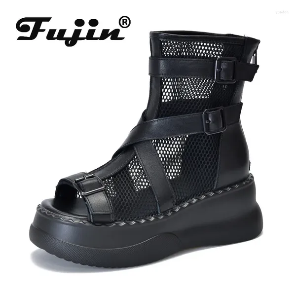 Stiefel Fujin 6,5 cm echte Ledersandalen Knöchelstiefel Mode Sommer Motorrad natürliche Frauen Hohlkernschild Moccasins Schuhe