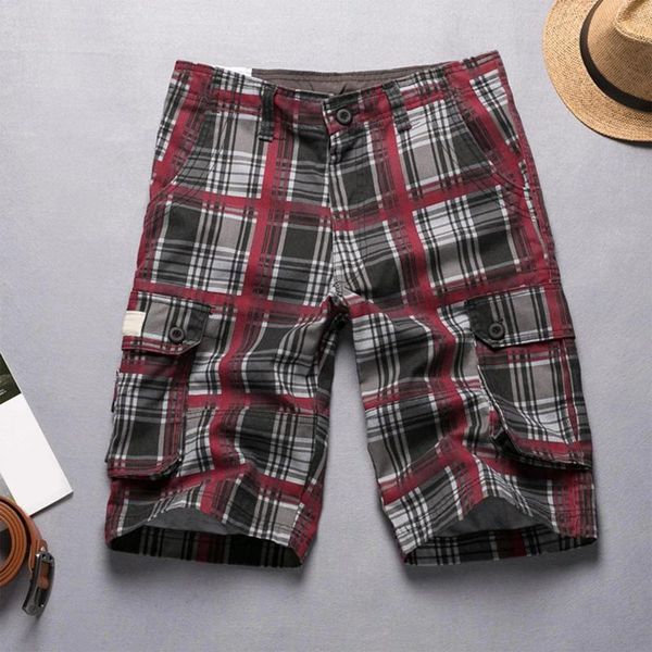 Shorts masculinos homens com várias calças de bolso de moda impressão xadrez de cinco pontos Casual Folding Office Work Work StreetPant