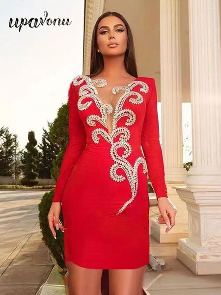 Sıradan Elbiseler 2024 Seksi Ağır Endüstri Elmas Set Tasarım Bandaj Elbisesi O boyun boyun uzun kollu Bodycon Mini Kokteyl Akşam Partisi Vestidos