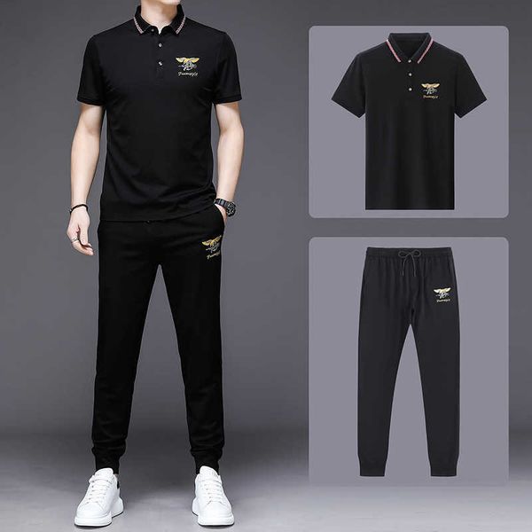 Compre o conjunto de esportes masculinos para jovens 2024 Summer Ice Silk Seda Casual Polo Decoel Short Shorts Vestido de camiseta