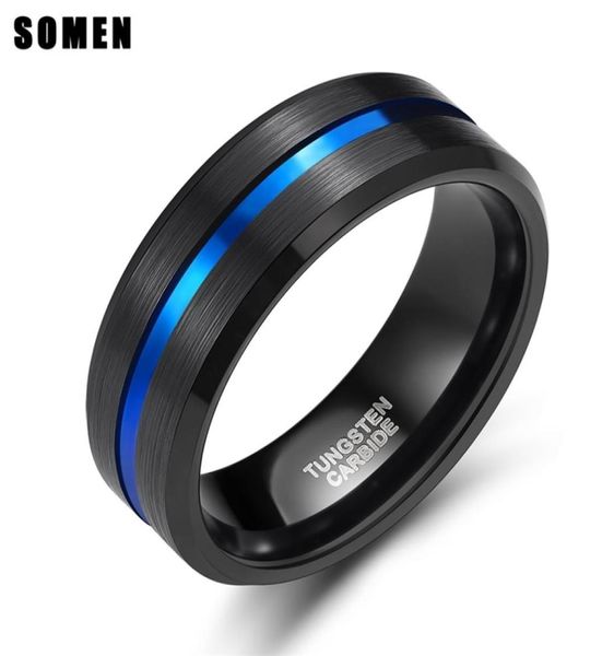 8mm mavi çizgi kakma erkek siyah tungsten karbür yüzüğü nişan için alyans moda mücevherler masonik yüzük bague homme 2012186243752