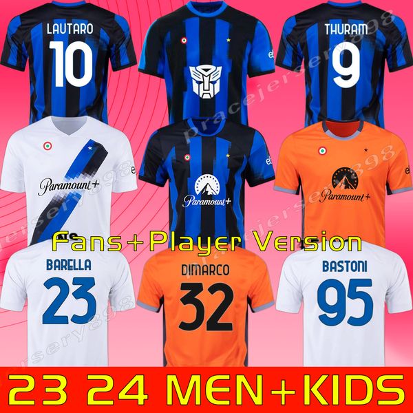 Fan Player 23 24 Lukaku Soccer Jersey Barella Inters Milans Lautaro Vidal J. Correa 2023 Shirt da calcio Calhanoglu Kit 3rd Kids Equipment Thuram DiMarco