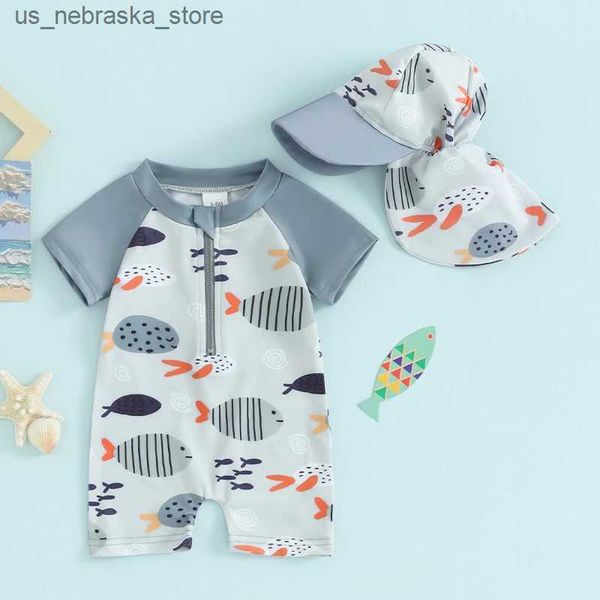 Sumpes Summer Fashion Childrens Protection Swimsuit Swimsuit Cartunone Stamping Fish Shorted Swimsuit Zipper con cappello Set Q240418