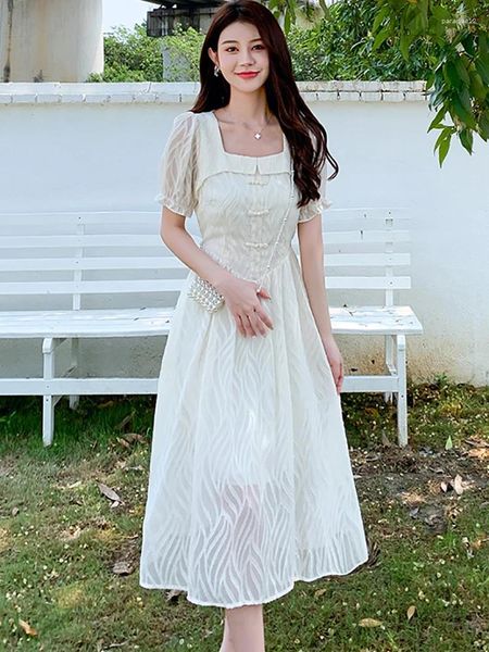 Abiti per feste 2024 Boho White Jacquard Striped Chiffon Midi Abito Summer Short Short Square Collar elegante per donne di classe