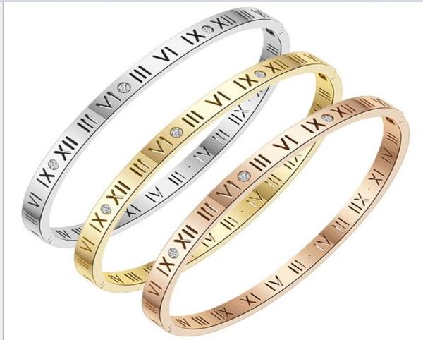 Europäische und amerikanische einfache römische Zahlenbrief Titanium Stahlarmband Gold Silber Rose Gold Hohlarmmenschen Frauen 5481181