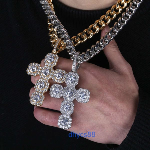 Novo estilo grande grande pingente cruzado de 87 mm 14k manchado de ouro de diamante grátis charme de diamante de jóias de hiphop de corrente gelada