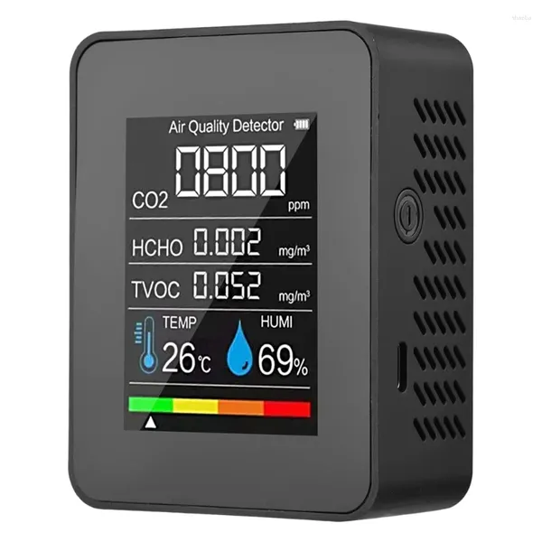 Em 1 Monitor de qualidade do ar tvoc hcho temperatura umidade CO2 medidor USB Detector recarregável preto