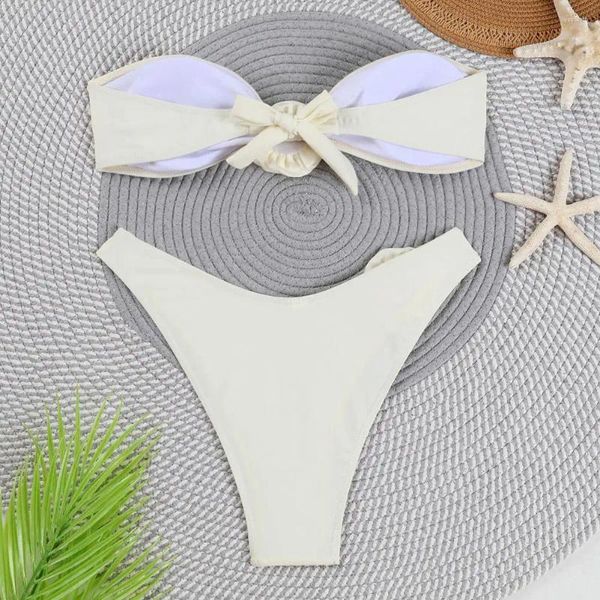 Kadın mayo bandeau strappy mayo şık 3d çiçek sütyen bikini seti yüksek bel brifingleri hızlı kurutma banyo