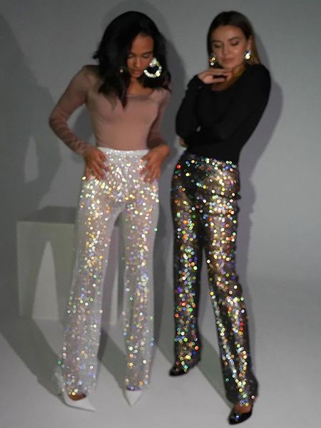 Kadın pantolonları ışıltılı uçurum taşı seksi, y2k gece kulübü parti pantolonları kristal elmas tam uzunlukta geniş bacak disko tam boy pantolon