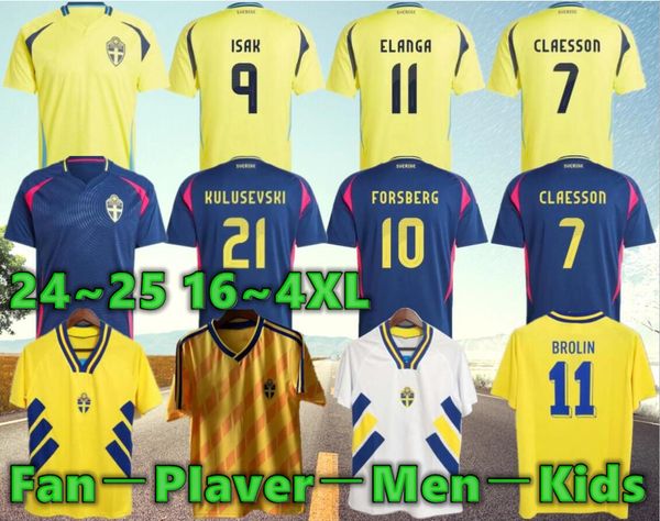 4xl 2024 Suécia Larsson Mens Camas de futebol nacional seleção Retro Dahlin Brolin Ingesson Home Amarelo Afaste Blue Futebol Adulto Camisas Uniformes Kit Kits Kit