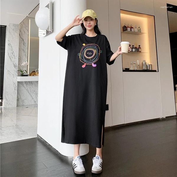 Lässige Kleider Plus Size Damen für 2024 Sommer Cartoon Print Lady Lose kausale Vestidos Schwarze Farbe Split T-Shirts Kleid Female Robe