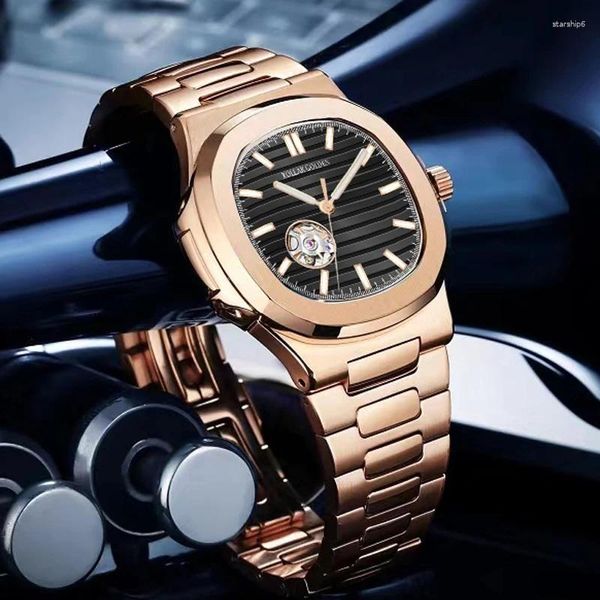 Нарученные часы Drop Rose Gold Tourbillon Automatic Watch for Men Водонепроницаемые механические мужские часы из нержавеющей стали.