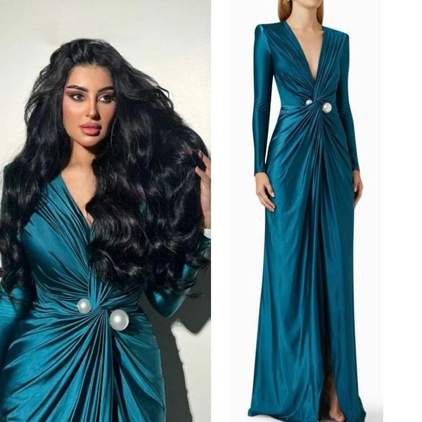 Neuer Designer Hunter Green Abendkleid 2024 V-Ausschnitt Langarm Falten Seiden Satin formelle Partykleider Abschlussball Kleider Promi Wagen Sie Robe de Soiree