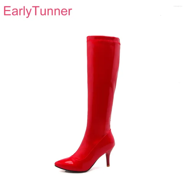 Сапоги бренд зима сексуальный белый красный женский коленый каблук Lady Evening Shoes es022 плюс большой размер 11 32 43 48