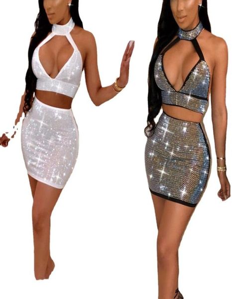 Bling Women Duas peças Salia conjunta Sexy Rhine Club 2 peças Vestidos de halter zipper Deep V Crop Top Mini Shairs Roupfits White Black5189207