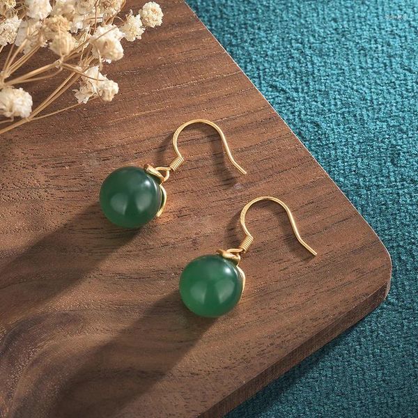 Dangle Ohrringe Chinesische Stil Einfacher Frauen natürlicher grüner Jade Perlen Golden Kupferlegierung Blatt für Frauen Charme Schmuck