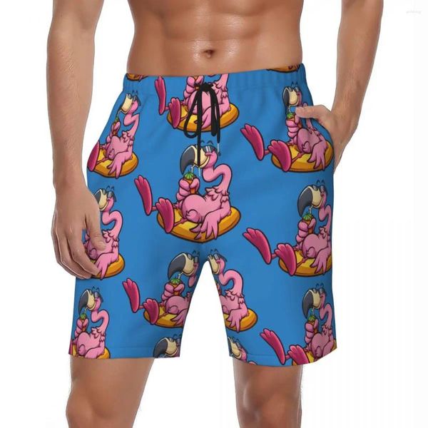 Shorts masculinos desenho de banho de banho flamingo placa de verão real royalty cool fofo havai praia calça curta machos surfando calma de natação rápido seco