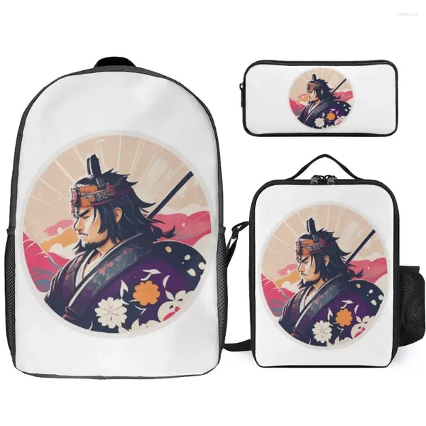 Rucksack 3 in 1 Set 17 Zoll Lunchbag Stift Vintage Samurai Retro Japanische Gaming 2077 Art Game 7 Dauerhafte Grafik Cool Cozy P.