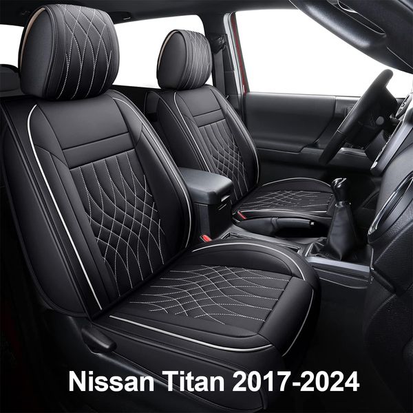 Capas de assento Conjunto completo de couro impermeável durável para picape Caminhão Fit para Nissan Titan 2017-2024 Wavy Texture Black