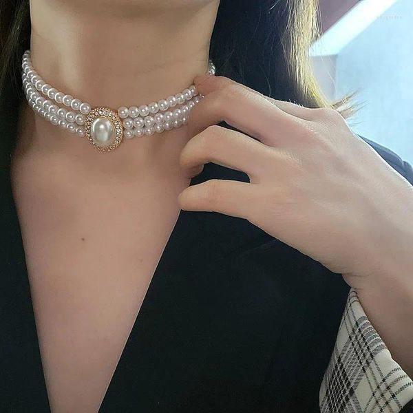 Brincos de costas Francês elegante e elegante Cara de pérolas de pérolas Chain de clavícula feminina com coleta de diamante