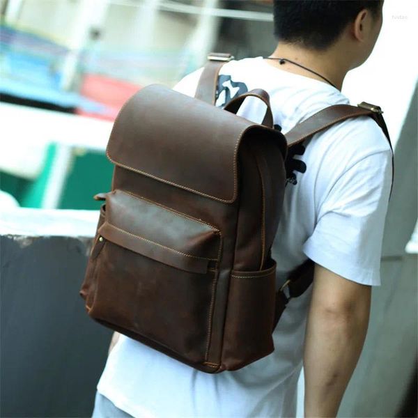 Backpack Nesitu High -End Vintage Brown grosso genuíno de couro louco de cavalo 14 '