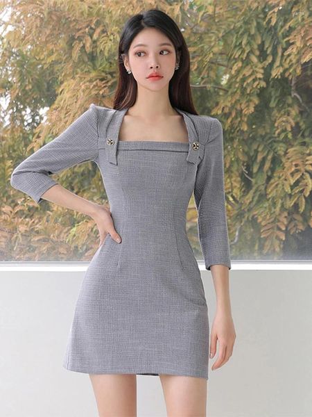 Lässige Kleider koreanische Modedamen Vintage Hound tooth kurze Frauen Kleidung elegant sexy Square Collar Slim Mini Kleid Mujer Vestidos