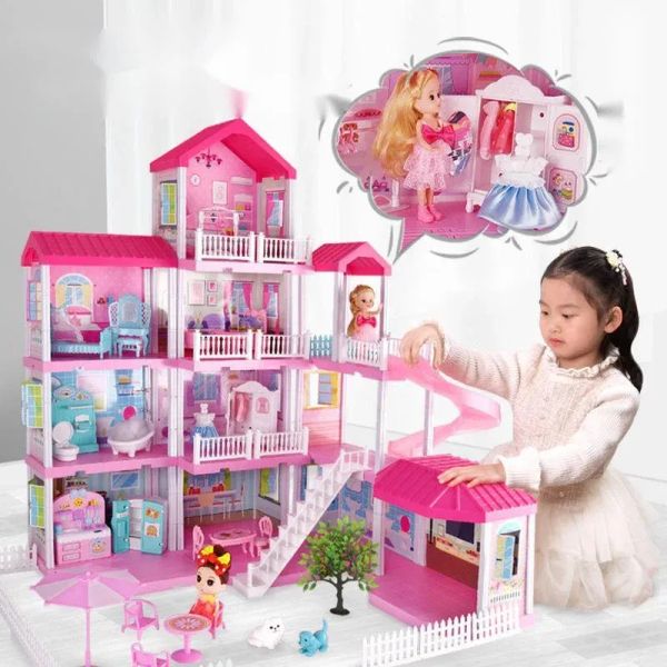 Аксессуары кукол Дом аксессуары принцесса вилла Diy Dollhouses Pink Castle Play с Slide Yard Kit Compled House Hous