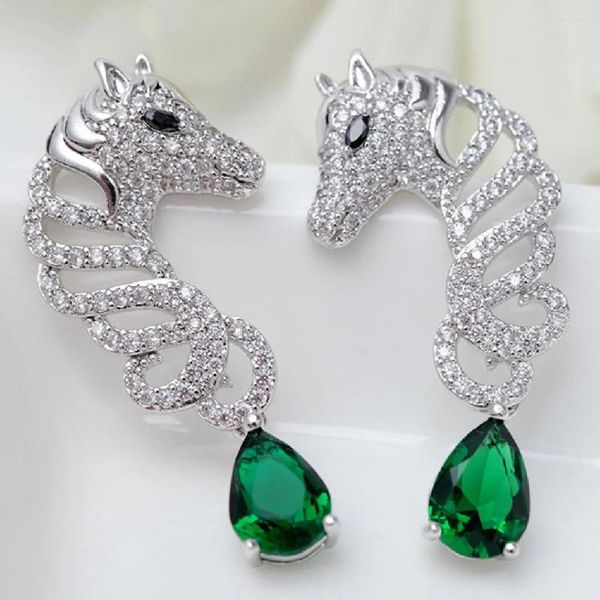 Orecchini per borchie Gioielli alla moda Classico verde bianco Green Clear Drop Cubic Zircon Animal Earring Cavallo Orecchie di rame da sposa