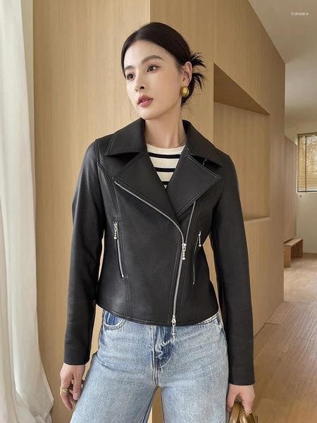 Damenleder echtes Schaffell Slim Short Motorcycle Jacke Frauen 2024 Trend hochwertiger solider einfacher Kerlkragen Echtes Mantel