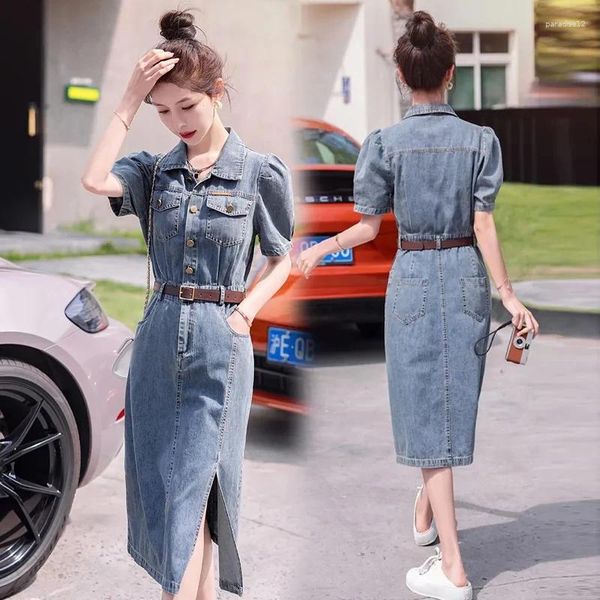 Partykleider Vintage Denim Kleid Frauen 2024 Sommer Slim Temperament Fashion Casual Split Jean Frau mit Taschen Vestidos