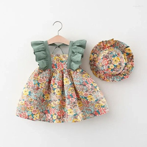 Vestidos de menina 2024 Vestido de tira de bebê de verão Fragmentado Fragmentado Flores Infantil Princesa sem mangas 0-3 anos nascido vem com chapéu